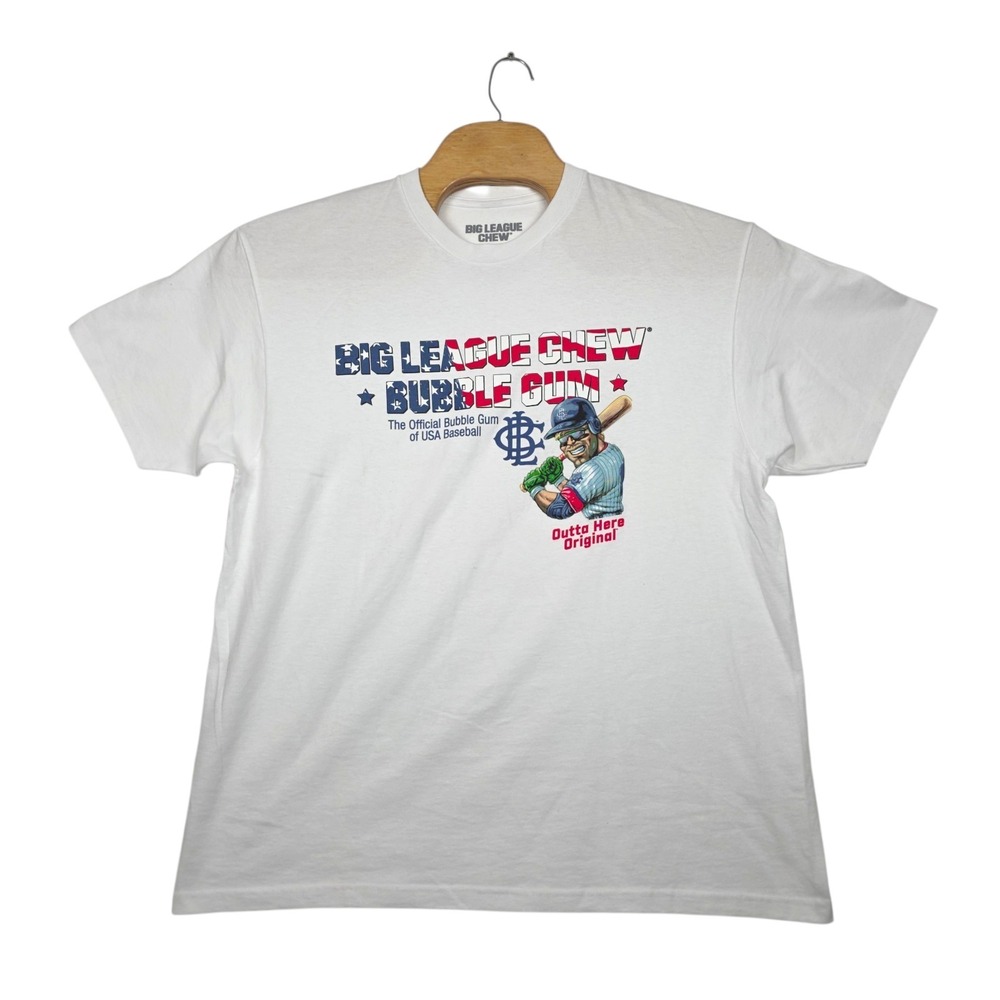 Big League Chew T-Shirt XL White Bubble Gum USA Baseball Outta Here Original Log